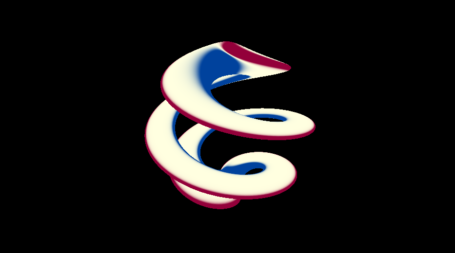 Image showcasing the Gaussian curvature of an implicit surface encoded in a red/blue/white color scheme.