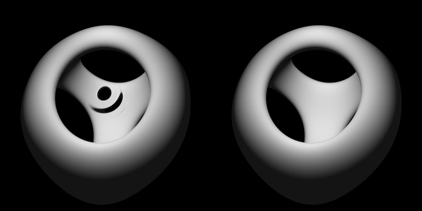 Screenshot of an implicit surface visualized using sphere tracing. The left side uses a first order approximation and the right side a second order one